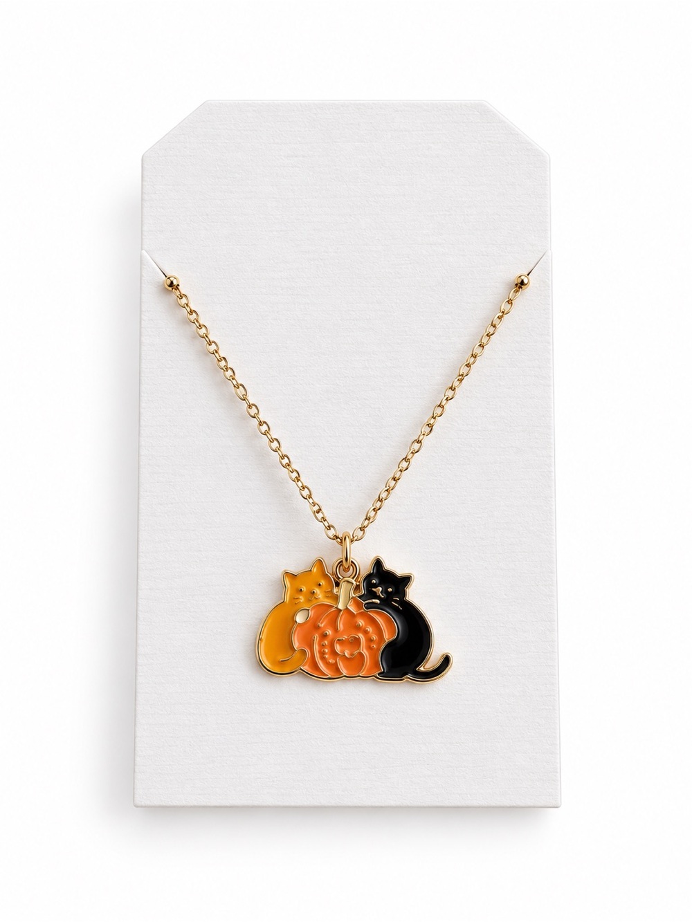 Black & Orange Tabby Cat Kitten Pumpkin Fall Halloween Enamel 16" Gold Necklace
